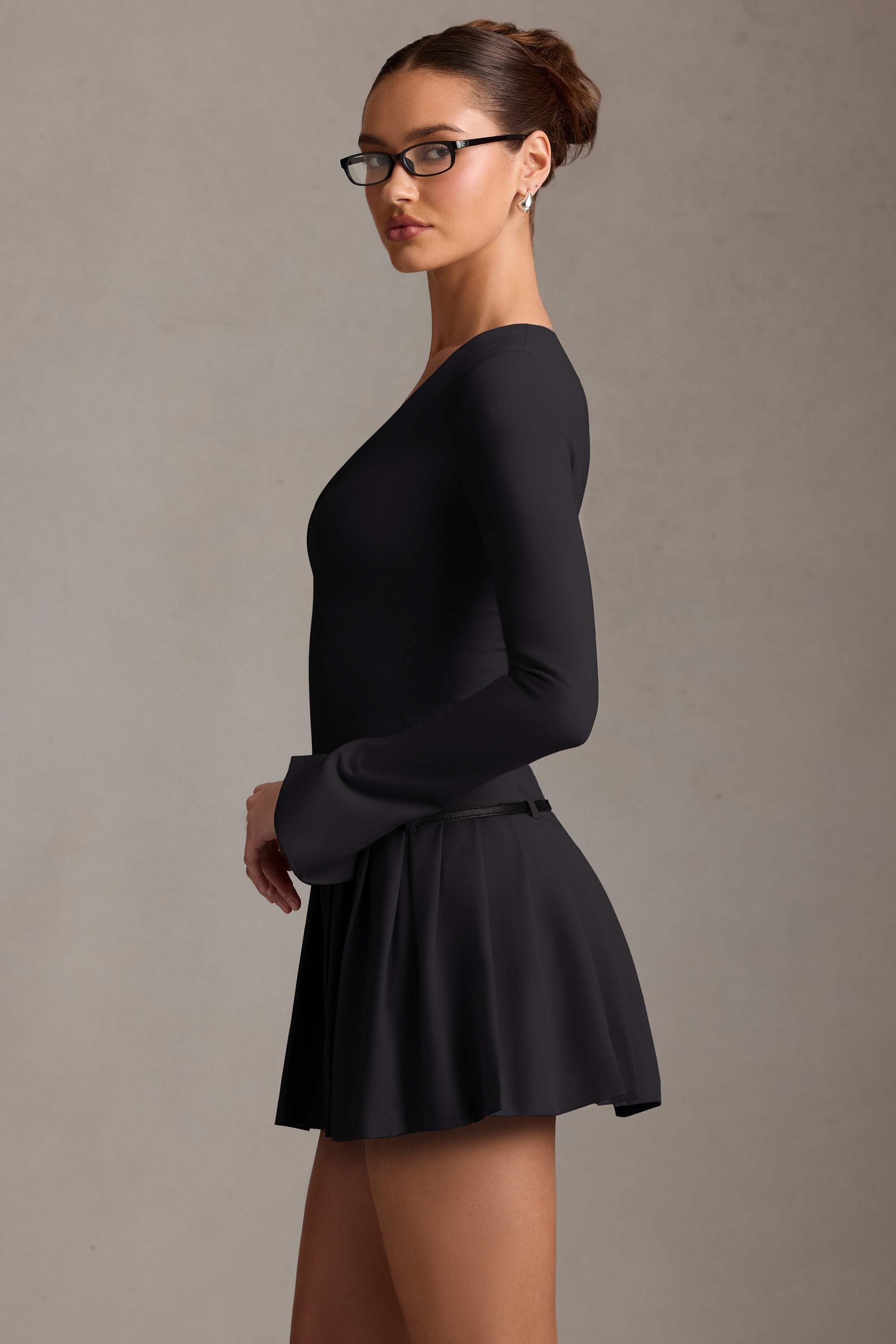 Long-Sleeve Pleated Mini Dress in Black
