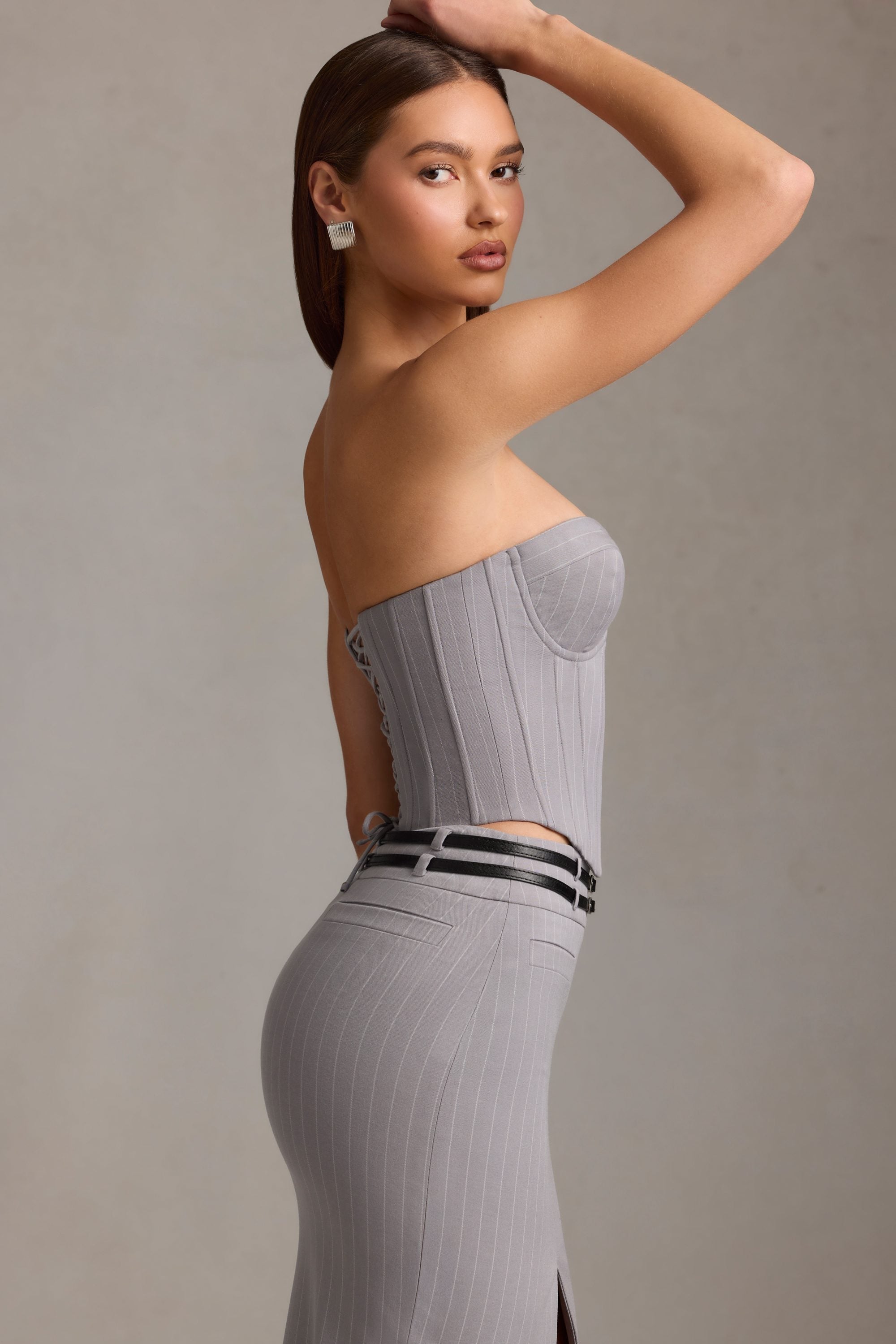 Pinstripe Lace-Up Corset Top in Grey