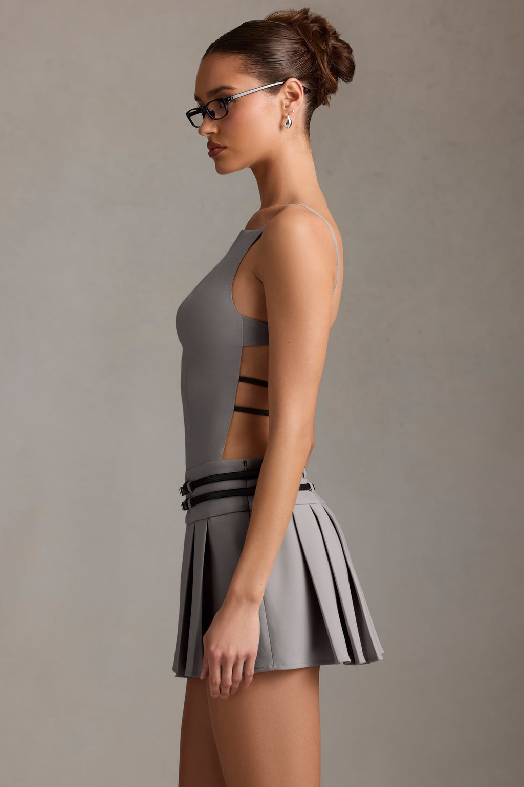 Belted Backless Pleated Mini Dress in Grey
