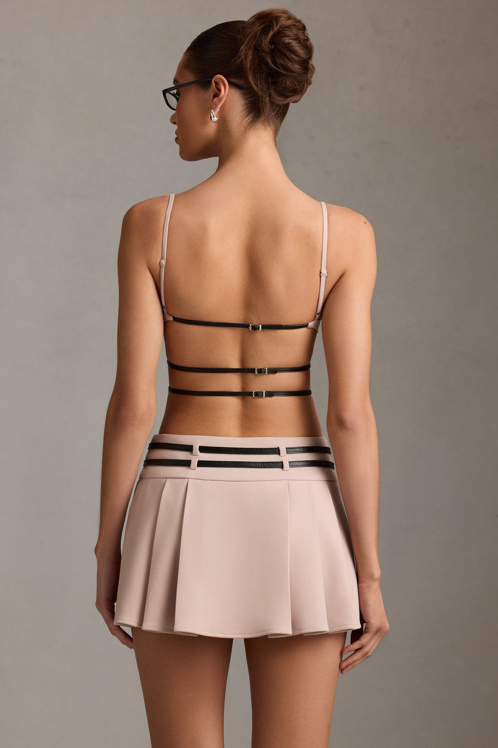 Belted Backless Pleated Mini Dress in Mushroom