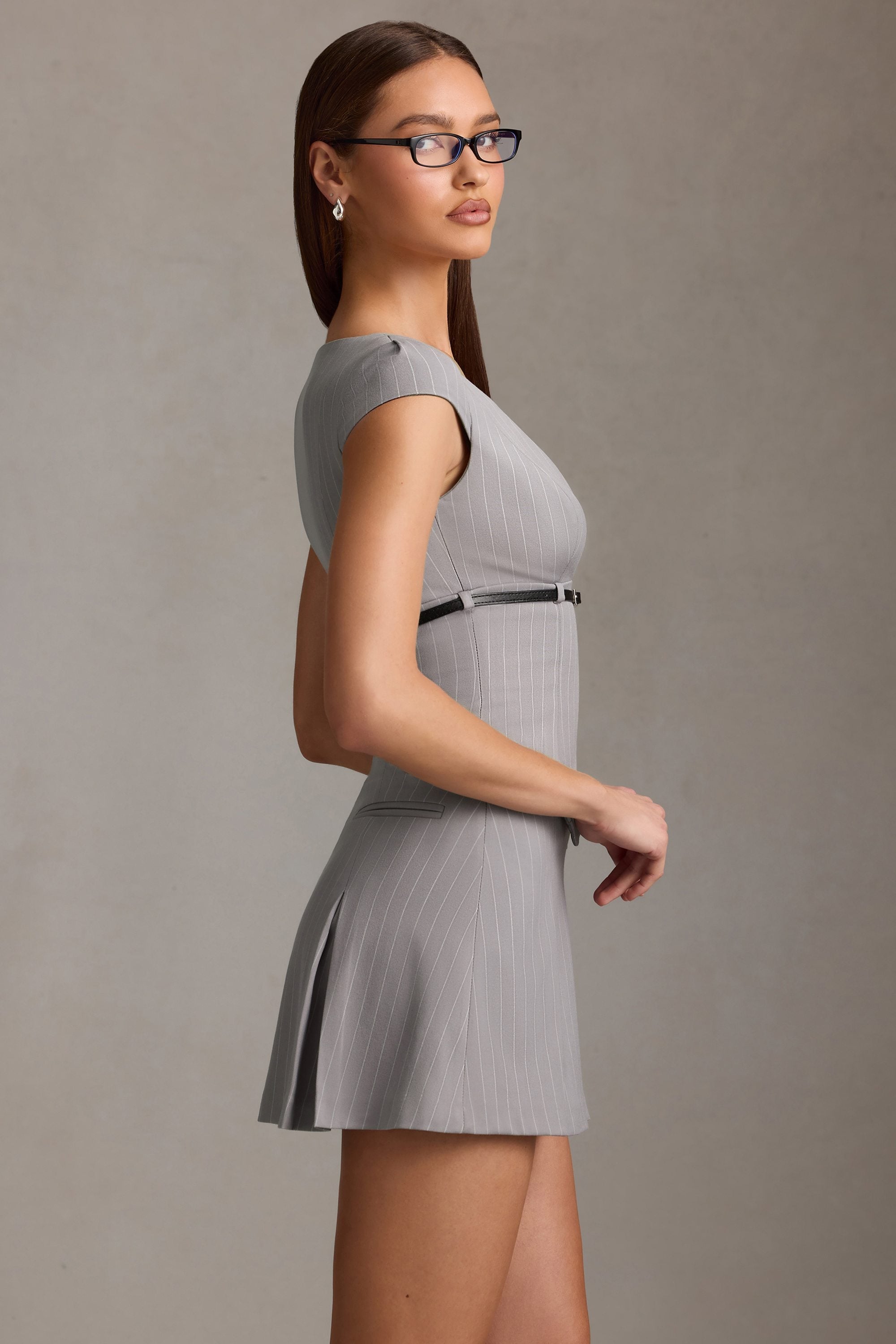 Pinstripe Pleated Waistcoat Mini Dress in Grey