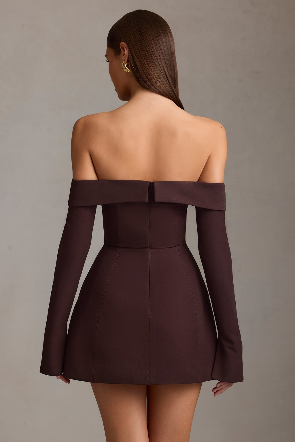 Off-Shoulder Structured A-Line Mini Dress in Chocolate Brown