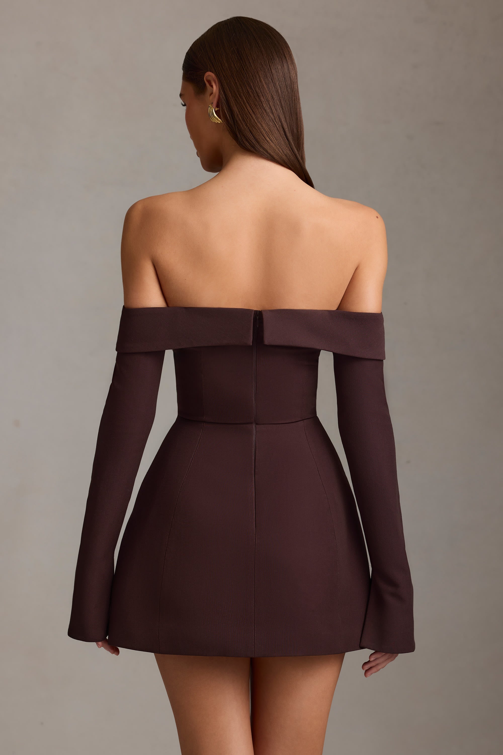 Off-Shoulder Structured A-Line Mini Dress in Chocolate Brown