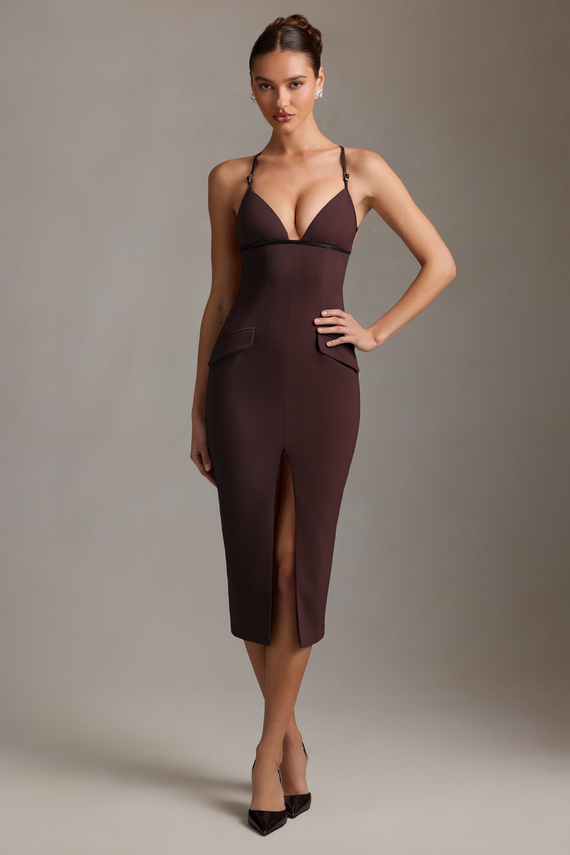 Plunge-Neck Backless Midaxi Dress in Chocolate Brown