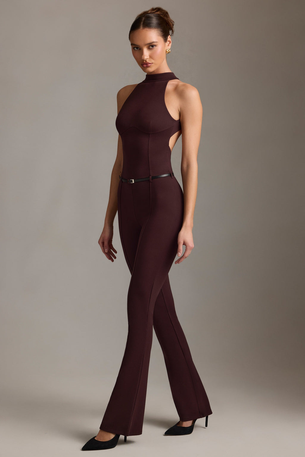 Backless Turtleneck Jumpsuit in Chocolate Brown